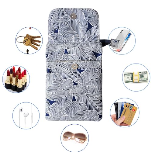 LassZone Canvas Cute Crossbody Bags for Women Mini Shoulder Handbag Cell Phone Purse Wallet Leaves Pattern Coin Pouch - color: Blue