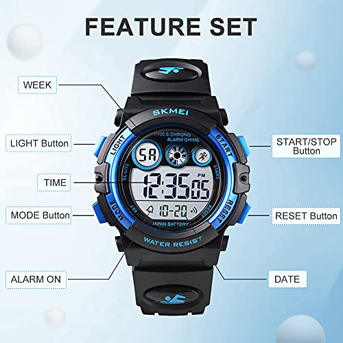 GOLDEN HOUR Watches for Kids Digital Sport Waterproof Boys Girls Watch Outdoor 12/24 H Alarm EL Backlight Stopwatch Military Child Wristwatch Ages 3-15 - color: Black