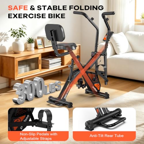 pooboo Folding Magnetic X‑Bike, Upright Exercise Bike for Home Gym - color: Orange