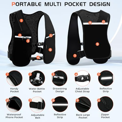 Running Vest for Women Men, Adjustable Chest Straps Running Hydration Vest for Marathon Jogging Trail Race Cycling Hiking, Lightweight Reflective Hydration Backpack with 500ml Soft Flask - size: Medium-Large