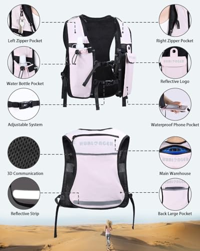 Running Hydration Vest for Women Men,Lightweight Breathable Hydration Pack with 500ml Soft Flask, Adjustable Chest Straps Reflective Backpack for Trail Running Marathon Race Jogging Cycling - color: Pink
