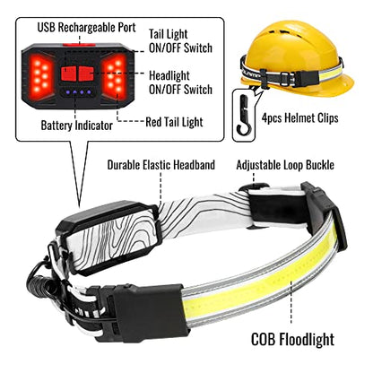 Adelante LED Headlamp Flashlight, 1000LM 230Wide-Beam USB Rechargeable Head Light with Taillight(Individual Control) & 8 Clips Waterproof Headlight Headlamps for Running and Camping (2 Pack, Black) - color: Black, size: 2 pack