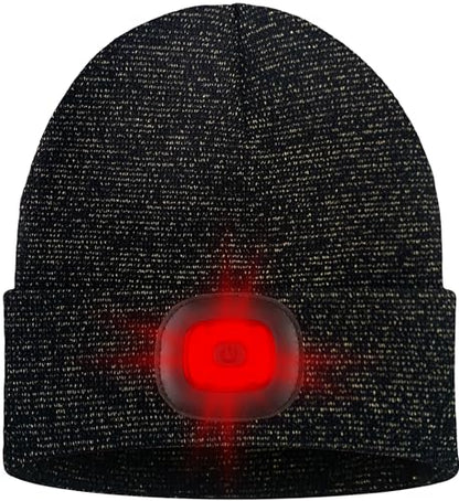 ATNKE LED Lighted Beanie Hat,USB Rechargeable 8 LED Red Glow Flashing Alarm Running Headlamp Cap Gifts for Men and Women - color: #Blended Black Goldwire