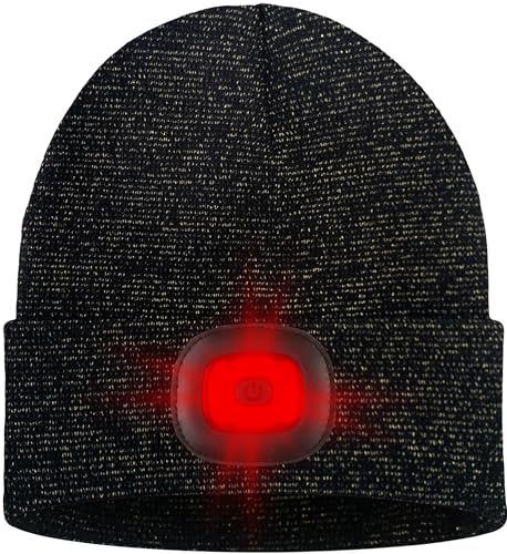 ATNKE LED Lighted Beanie Hat,USB Rechargeable 8 LED Red Glow Flashing Alarm Running Headlamp Cap Gifts for Men and Women - color: #Blended Black Goldwire