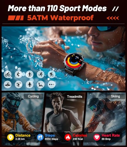 SUNKTA Military Smart Watch for Men Answer/Make Call, 1.85'' HD Rugged Smartwatch with 800mAh Battery/Flashlight/Heart Rate/110+ Sports Mode, IP68 Waterproof Fitness Tracker Watch for Android iPhone - color: Yellow
