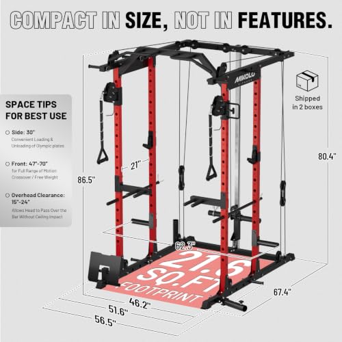 Mikolo Power Cage, Power Rack with Cable Crossover System, 1500LBS Squat Rack with LAT Pull Down System, Workout Cage with Pulley System for Fitness Home Gym - color: Red, style: Package with Color BP 230LB