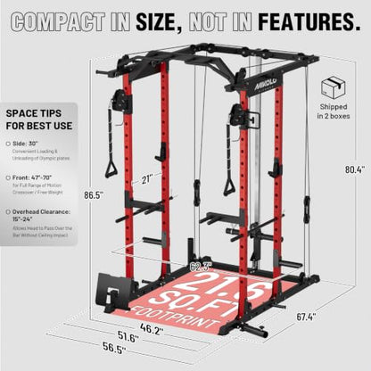 Mikolo Power Cage, Power Rack with Cable Crossover System, 1500LBS Squat Rack with LAT Pull Down System, Workout Cage with Pulley System for Fitness Home Gym - color: Red, style: Package with Color BP 230LB