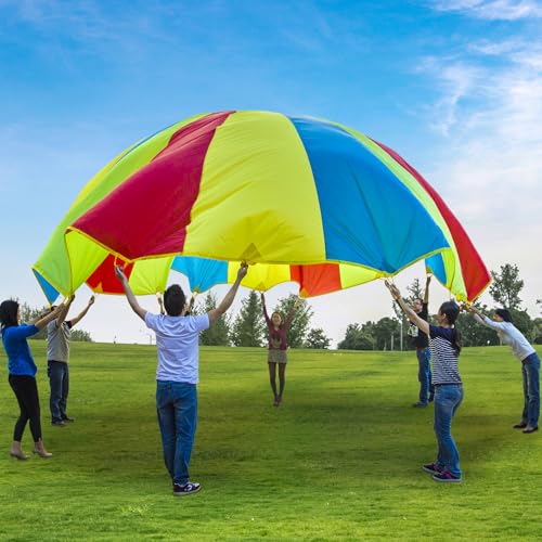 Sonyabecca Parachute, Play Parachute 10ft 12ft 16ft with 12 Handles 20ft 24ft with 16 Handles for Kids Cooperation Group Play (20 Feet) - size: 20FT with 16 Handles