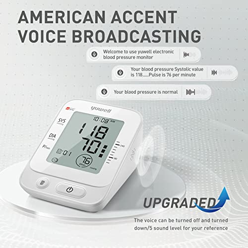 yuwell Blood Pressure Monitor, Large Upper Arm Blood Pressure Cuff, Digital Blood Pressure Machine for Home Use, Large Display, Stores 99 Readings, Voice Broadcasting with Power Adapter and Batteries - color: White