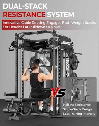 Mikolo Smith Machine with Weight Stack, Power Cage Home Gym System with LAT Pulldown & Cable Crossover, Multi-Functional Trainer with Dual Pulley System, Includes 10+ Free Attachments - color: Black