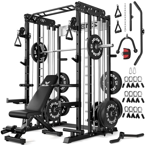 JELENS Smith Machine for Home Gym, Multi-Function M12 Power Cage with Cable Crossover System, Squat Rack with Smith Bar and More Attachment - color: Black, size: 370LB Black Weights Package