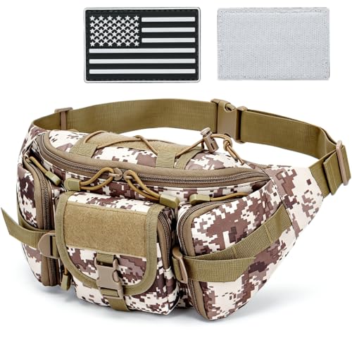 Hiking Waist Packs, Tactical Fanny Pack for Men Women, Waist Bag Hip Belt Bag Crossbody with 5 Zipper Pockets, Travel Outdoor Hiking Fishing Bumbag with Patch - Desert Digital Camo - color: Desert Digital Camo