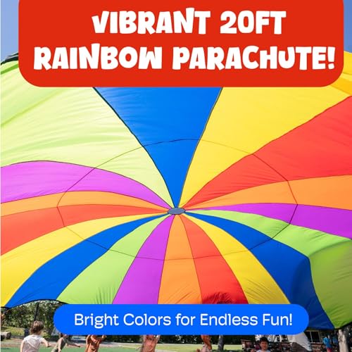 Activejoy - Parachute for Kids - 8ft /12ft / 16ft / 20ft / 24 ft / 30ft - Rainbow Parachute Toy with Handles - Great for Gym Class, Field Day & Outdoor Games - size: 20 FT - 20 HANDLES
