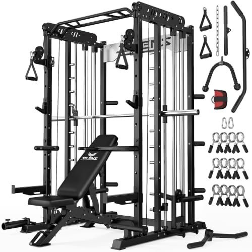 JELENS Smith Machine for Home Gym, Multi-Function M12 Power Cage with Cable Crossover System, Squat Rack with Smith Bar and More Attachment - color: Black, size: Upgraded Weight Bench Package