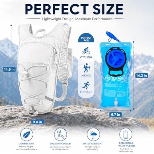 Lightweight Hydration Backpack 2L Water Bladder Pack for Running, Cycling, Hiking – Anti-Theft Water Backpack with Phone Holder, Trekking Pole Holder & Reflective Strips for Men & Women - color: White