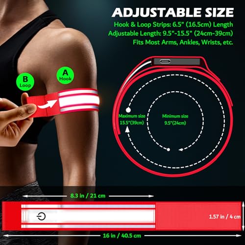 LED Armband Rechargeable for Running(2 Pack),Light Up Arm Bands for Night Walking,Running Lights for Runners,High Visibility Reflective Running Gearr for Night Safety Light Up Wristbands - size: Red