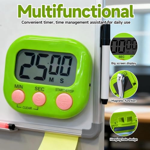 Timer Electronic Countdown Stopwatch Digital Kitchen with Large Screen Loud Alarm Easy Operation Visual Time Management Tool - color: Green