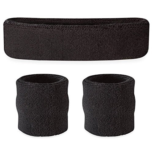 Suddora Sweatbands Set, Moisture Wicking 2 Wristbands and 1 Headband, Breathable Terry Cloth Athletic Bands for Basketball, Tennis, Yoga, Gym, Sweat Bands for Costumes and Cosplay - color: Black