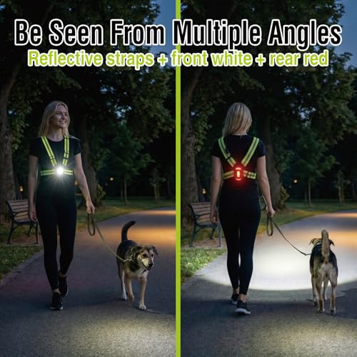 Running Light Vest for Night Safety, USB-C Rechargeable Hands-Free Chest Light, Spotlight/Floodlight, Reflective Vest Light for Runners & Dog Walking, Front White + Rear Red, IPX4