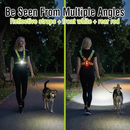 Running Light Vest for Night Safety, USB-C Rechargeable Hands-Free Chest Light, Spotlight/Floodlight, Reflective Vest Light for Runners & Dog Walking, Front White + Rear Red, IPX4