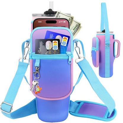LEFOR·Z Water Bottle Carrier Bag with Phone Pocket Compatible with Stanley/Meoky 40 oz Tumbler with Handle,Water Bottle Holder Pouch with Adjustable Strap Compatible with Stanley Cup Accessories - color: Deep Blue-Purple Gradient-Style B