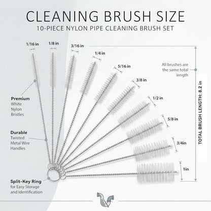 8-Inch Nylon Straw Cleaning Brushes, 10-Pack, Flexible Stainless-Steel Wire Tube Brushes, Non-Scratch and Rust-Resistant, for Reusable Straws, Bottles and Narrow Tubes