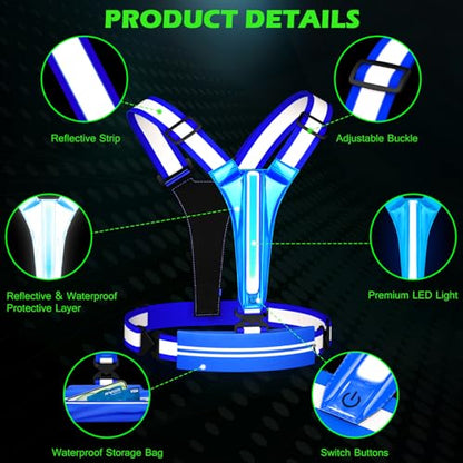 LED Reflective Vest Running Gear, USB Rechargeable Light Up Running Vest Chest Phone Holder for Runners Night Walking - color: Blue