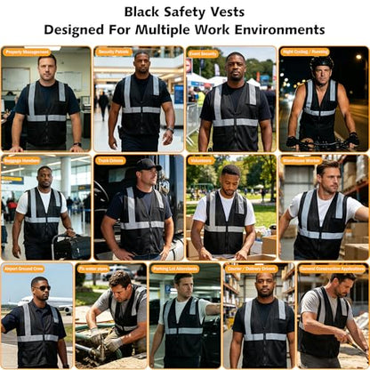 AYKRM 2 Pocket Mesh High Visibility Reflective Safety Vest for men & Women ANSI/ISEA 107 Standards - color: Black, size: X-Large