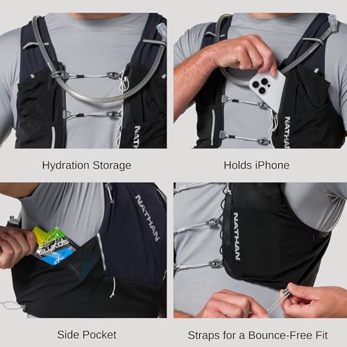 Nathan Hydration Vest 12L for Running & Hiking - Quick-Fit Adjustments, Breathable Mesh, 1.6L Insulated Bladder, Lightweight 8.8 oz, 6 Power Mesh Pockets, Diagonal Zip - Pinnacle Pro - size: Large, style: Black