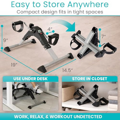 Vive Folding Pedal Exerciser - Under Desk Exercise Bike for Seniors, Elderly - Sit Down Stationary Peddler Equipment for Arm, Leg, Hand, Foot - Mini Floor Bicycle with LCD Display, Adjustable Tension