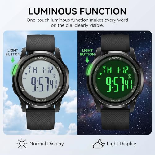 Men Digital Watch, Thin Running Sports Waterproof Outdoor LED Screen Large Face Black Wrist Watches with Back Light Alarm Date Stopwatch for Men Women Kids Boys