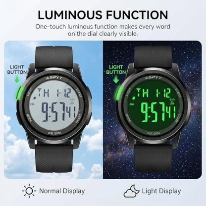 Men Digital Watch, Thin Running Sports Waterproof Outdoor LED Screen Large Face Black Wrist Watches with Back Light Alarm Date Stopwatch for Men Women Kids Boys