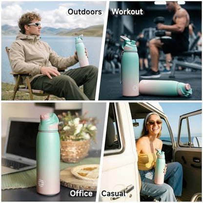 FJbottle 50oz Stainless Steel Insulated Water Bottle No Straw Spout Lid - color: Green-Pink, size: 50 Ounces