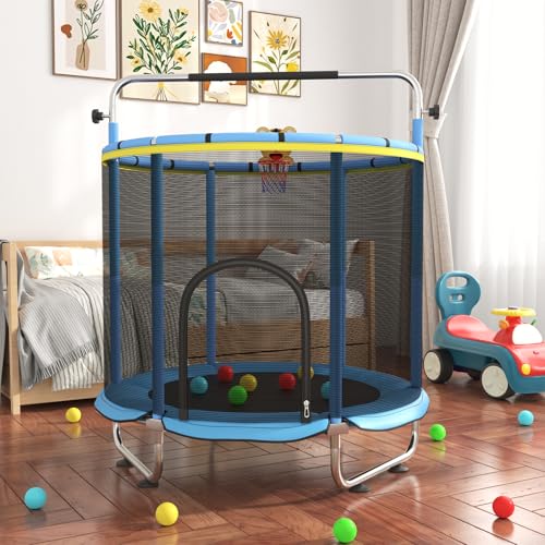 60" Toddler Trampoline for Age 2-4, 5ft Mini Kids Trampoline Indoor with Basketball Ball Adjustable Gymnastics Bar & Toys Swing Enclosure Net for Backyard ASTM Approved - color: Blue