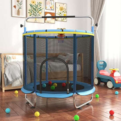 60" Toddler Trampoline for Age 2-4, 5ft Mini Kids Trampoline Indoor with Basketball Ball Adjustable Gymnastics Bar & Toys Swing Enclosure Net for Backyard ASTM Approved - color: Blue&Yellow
