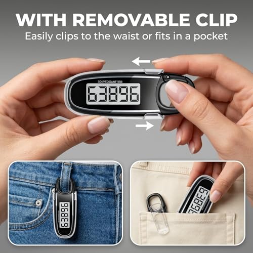 3D Pedometer for Walking, Simple Step Counter with Clip & Carabiner - color: black