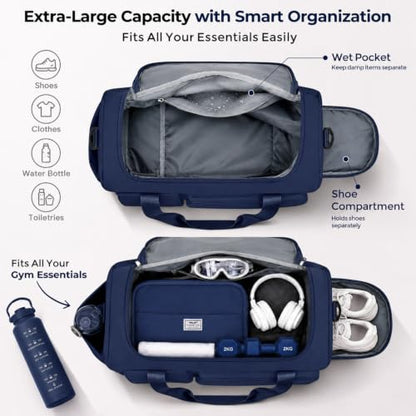 FIORETTO Women's Gym Duffle Bag with Shoes Compartment, 30L Capacity, Ideal for Travel, Gym, Sports, Duffel, Weekender - color: Navy Blue, style: Gym Bag With Toiletry Bag