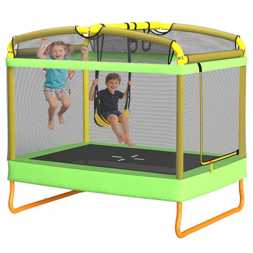 LANGXUN 6FT Rectangle Trampoline for Kids, 5-in-1 Toddler Trampoline, ASTM Approved Indoor Outdoor Mini Trampoline with Safety Enclosure Net Age 1-10 - color: Green&Yellow