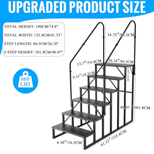 6 Step RV Stairs with 2 Handrails, 660LBS Heavy Duty Anti‑Slip Metal Steps, Detachable Outdoor Stairs for Hot Tub, 5th Wheel, Pool, Mobile Home, Porch, Pet Steps - size: 6 Step-2