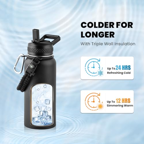 RAYMYLO Insulated Water Bottle 32 oz, Triple Wall Vacuum Stainless Steel - color: Magic Black, size: 32 Ounces