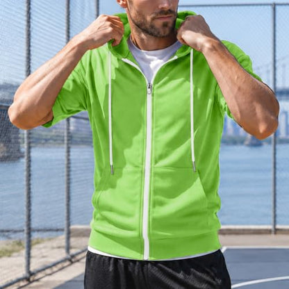 Ohoo Mens Slim Fit Zip up Hoodie Cotton Blend Soft Fabric Short Sleeve Lightweight Comfy Basic Jacket with Kanga Pocket - color: Dcf007-neon Green, size: Large