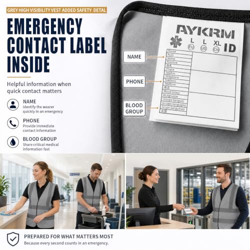 AYKRM 12 colour High visibility viz vest hi vis viz reflective work construction safety vest (XS-8XL) - color: Grey, size: 10-14Y