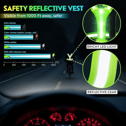 LED Reflective Running Vest, High Visibility Light Up Safety Vest with 3 Light Modes & 6 Light Colors, Rechargeable USB-C Adjustable Lightweight Night Running Gear for Men Women Cycling Walking