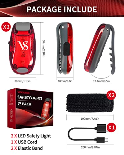 VICKSONGS 2pcs LED Safety Lights USB Rechargeable - Lightweight Walking Light with Clip and Strap, Jogging Running Lights, Bike Tail Light, Backpacker for Night Safety with Excellent Brightness