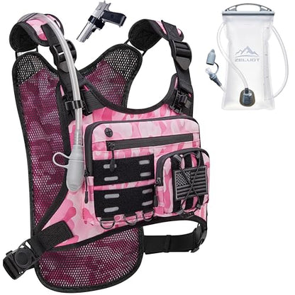 Zelvot Running Vest with 2L Water Bladder, Hydration Backpack, U.S. Design Patent, Lightweight Hydration Pack with Gear Holder, Reflective Chest Pack for Men Women - color: Camo Pink, size: Medium-Large