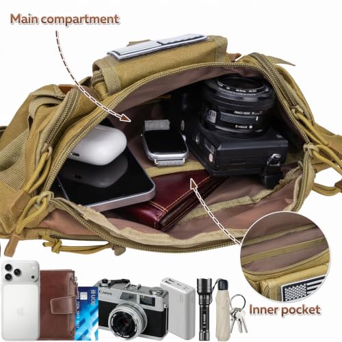 Fanny Pack Waist Packs, Large Crossbody Tactical Fanny Packs for Women Men, Waterproof Hiking Belt Bag with 5 Zipper Pockets, Hip Bum Bag with U.S Patch, Waist Pouch for Outdoor Fishing - Mud - color: Mud