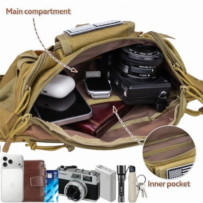 Fanny Pack Waist Packs, Large Crossbody Tactical Fanny Packs for Women Men, Waterproof Hiking Belt Bag with 5 Zipper Pockets, Hip Bum Bag with U.S Patch, Waist Pouch for Outdoor Fishing - Mud - color: Mud