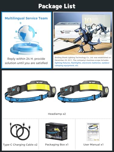 Smiling Shark TS-4 Headlamp, Dual Spotlight with 4X Floodlight & Strobe LED Head Torch Rechargeable 2400mAh Long-Lasting Hands-Free Design for Camping Hiking Running Jogging (2 Pack) - style: 2 PACK