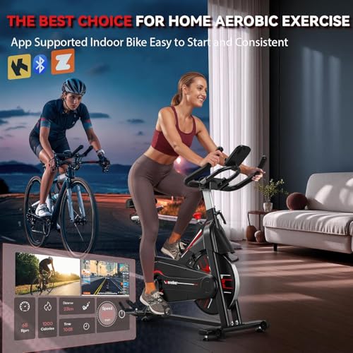 Wenoker Exercise Bike,Indoor Spin Bike with Adjustable Resistance Bluetooth Fitness App, 350 LBS Heavy Duty Frame,Smooth Quiet Belt Drive, Adjustable Handlebars & Seat with Transport Wheels - color: Red