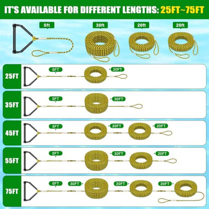 Dolibest 75FT Floating Water Ski Rope with Comfortable Handle, 4-Section Adjustable Wakeboard Tow Rope for Wakeboarding,Waterskiing,Kneeboarding & Tubing, 1600LB Strength & Reinforced End - color: Yellow + Black (with Foam)